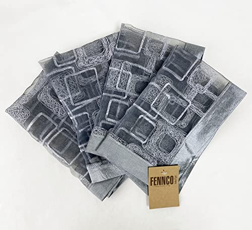Fennco Styles Embroidered Geometric Sheer Placemats 13" W x 19" L, Set of 4 - Silver Table Mats for Home, Dining Room, Banquets, Christmas and Special Events