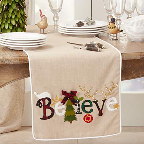 Fennco Styles Believe Christmas Cotton Table Runner 16" W x 72" L - Natural Festive Table Cover for Home Décor, Dining Table, Banquet, Holiday, Christmas and Special Occasion