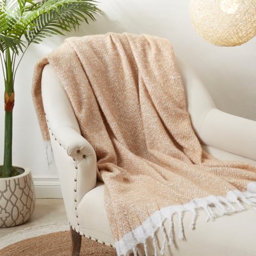 Fennco Styles Faux Mohair Herringbone Throw Blanket 50" W x 60" L – Natural Cozy Fringe Blanket for Home, Couch, Bedroom, Living Room, Office, and Holiday Décor