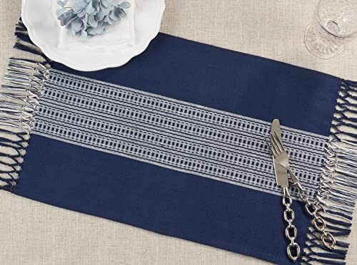 Fennco Styles Banded Stripe Fringe Placemats 14" W x 20" L, Set of 4 - Cotton Woven Table Mats for Home, Dining Table Décor, Banquets and Special Occasion