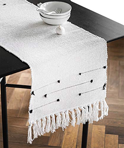 Fennco Styles Boho Chic Stitched Chevron Fringe 14 x 71 Inch Cotton Blend Table Runner - Ivory Table Runner for Everyday Use, Dinner Parties, Special Events and Home Décor