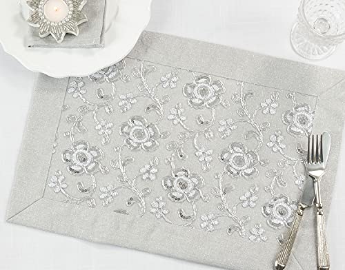 Fennco Styles Sequin Floral Embroidered Placemats 14" W x 20" L - Table Mats for Home, Dining Room, Banquets, Wedding, Holiday and Special Events