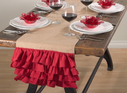 Fennco Styles Capucine Ruffled Natural Burlap Table Runner, White and Natural, 16"x72" Rectangular