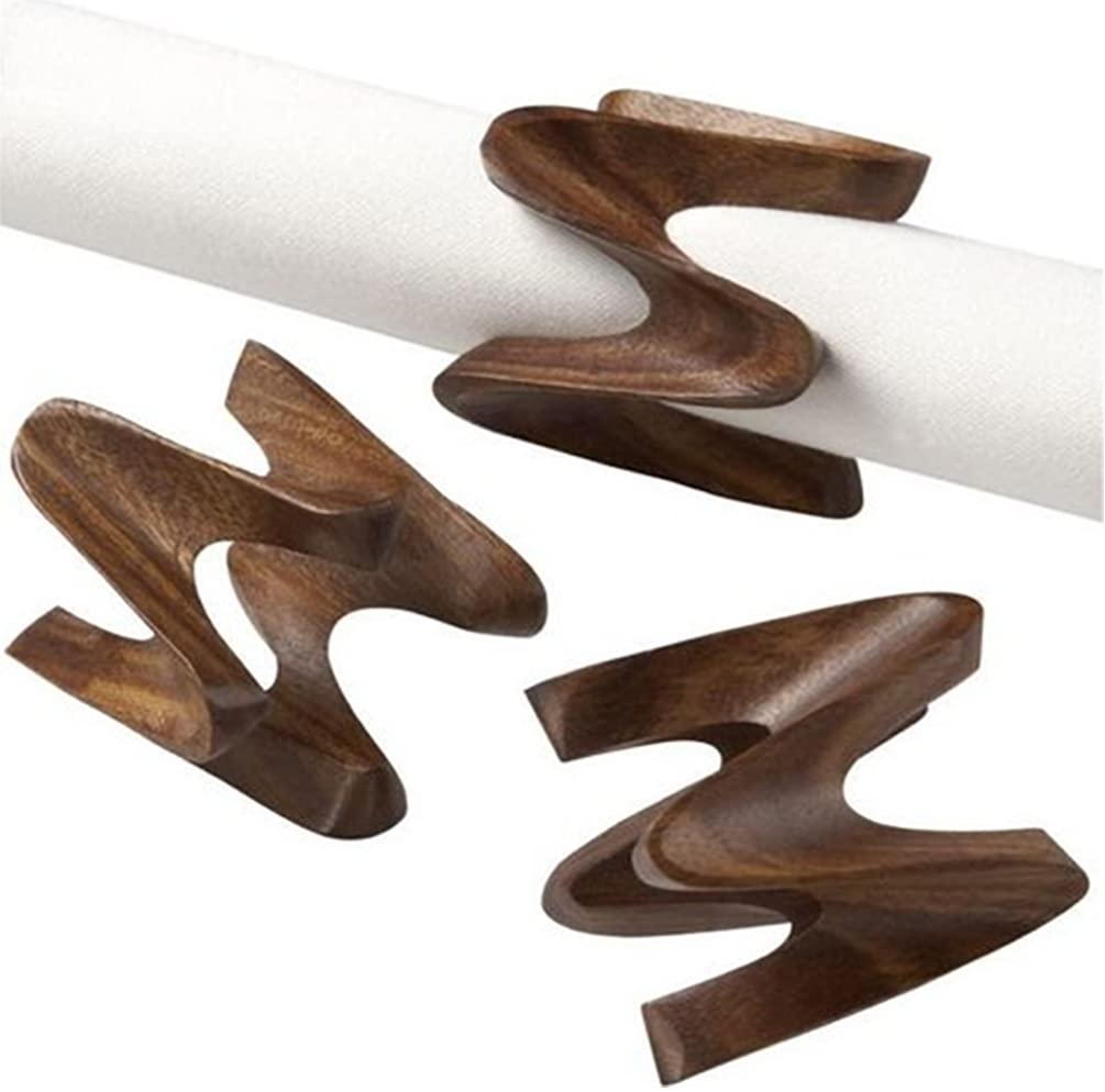 Fennco Styles Handcrafted Dynamic Waved Mango Wood Napkin Rings, Set of 4 - Brown Decorative Napkin Holders for Home, Dining Room, Banquet, Family Gathering, Holiday and Special Occasion