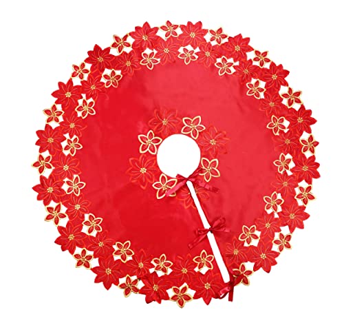 Fennco Styles Embroidered Poinsettia Cutwork Red Christmas Tree Skirt 68 Inch Round for Home, Holiday Decoration and Special Occasion