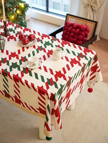 Fennco Styles Red and Green Holiday Plaid Pom Pom Christmas Tablecloth - Cotton Blend Festive Table Cover for Winter Holidays, Banquets, Family Gatherings and Special Occasions