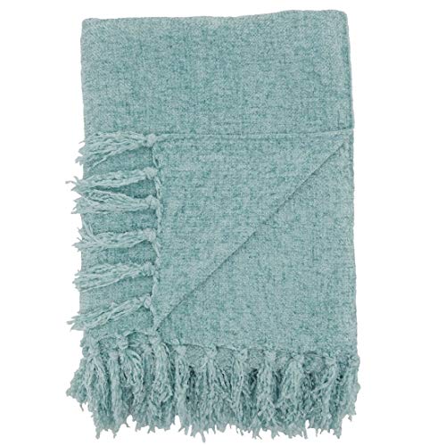 Fennco Styles Soft Knitted Chenille Fringe Design Throw Blanket 50" W x 60" L – Aqua Blanket for Couch, Bedroom and Living Room Décor