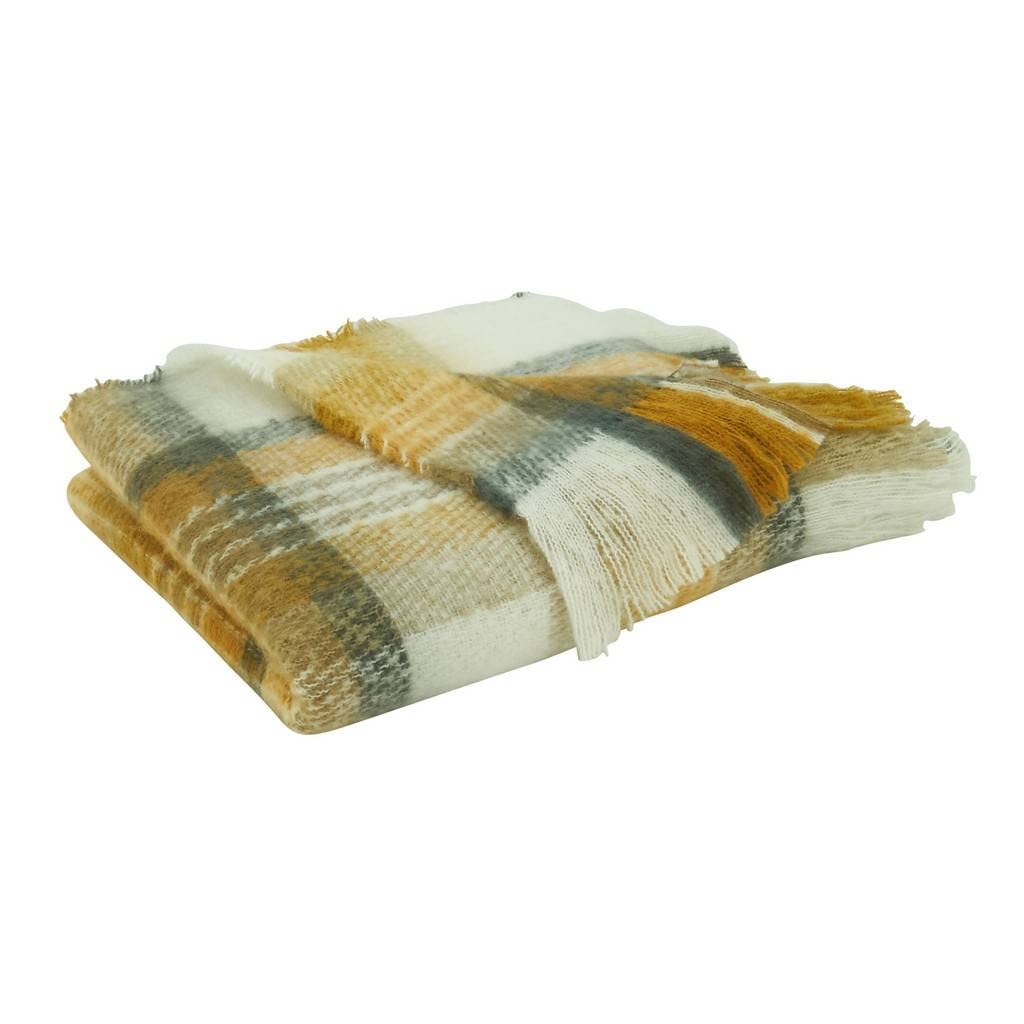 Fennco Styles Faux Mohair Check Fringed Throw Blanket 50" W x 60" L - Mustard Yellow Woven Blanket for Bed, Couch, Sofa, Home, Thanksgiving, Christmas, Holidays, and Office Décor