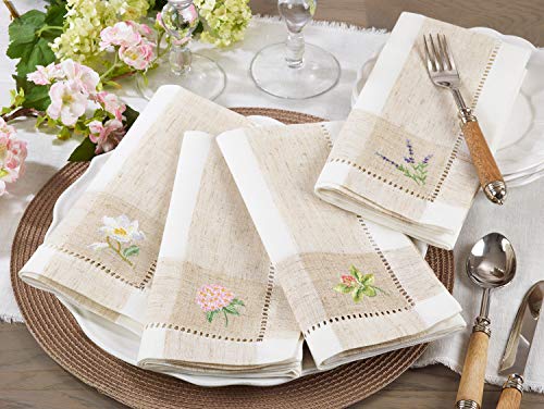 Fennco Styles Hommage Brodé Collection Cottage Orchid Embroidery Hemstitch Border Cloth Napkins 20 x 20 Inch, Set of 4 – Ivory Dinner Napkins for Wedding, Banquet, Tea Party and Home Décor