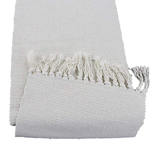 Fennco Styles Ivory Boho Tribal Textured Table Runner with Tassels - Woven Diamond Cotton Blend Table Cover for Boho Décor, Dining Table, Banquets, Family Gatherings