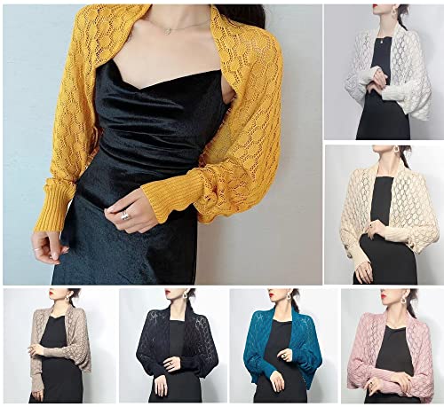 stylesilove Women Lightweight Crochet Hollow Bolero Shrug Long Sleeve Cardigan Soft Sweater Open Front Cape Shawl