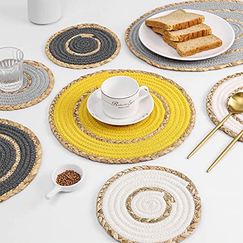 Fennco Styles Hand-Woven Rattan Cotton Rope Braided Placemats 12-Inch Round, Set of 4 - Heat Resistant Insulation Table Mats for Home, Boho Décor, Dining Table, Banquets and Special Events