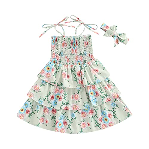 stylesilove Baby Toddler Girls Floral Print Smocked Tiered Sleeveless Dress & Headband 2pcs Summer Ruffle Sundress Outfit