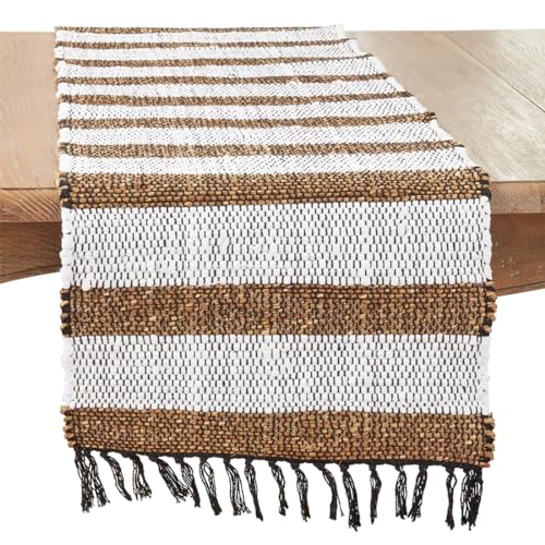 Fennco Styles Natural Striped Chindi Table Runner with Fringe 16" W x 72" L - Cotton Seagrass Woven Table Cover for Home, Dining Room, Banquets, Family Gatherings, and Special Occasion