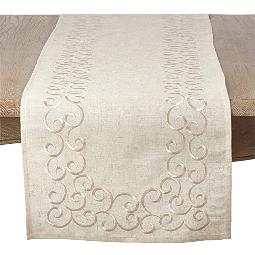 Fennco Styles Classic Embroidery Scroll Border Linen Blend Tablecloth - Natural Tablecloth for Wedding, Banquet, Special Events and Home Décor