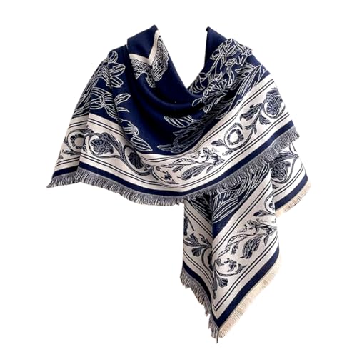 stylesilove Women Navy Blue Floral Reversible Cashmere Scarf Warm Ultra Soft Square Shawl Lightweight Wraps for Autumn and Winter