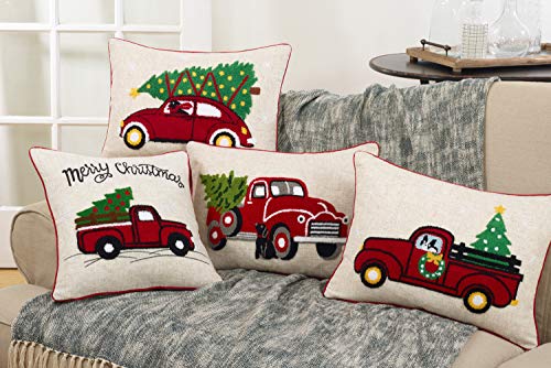 Fennco Styles Holiday Vintage Red Truck Decorative Down-Filled Throw Pillow 16-Inch Square - Multicolored Cushion for Home, Couch, Living Room, Office and Christmas Decor