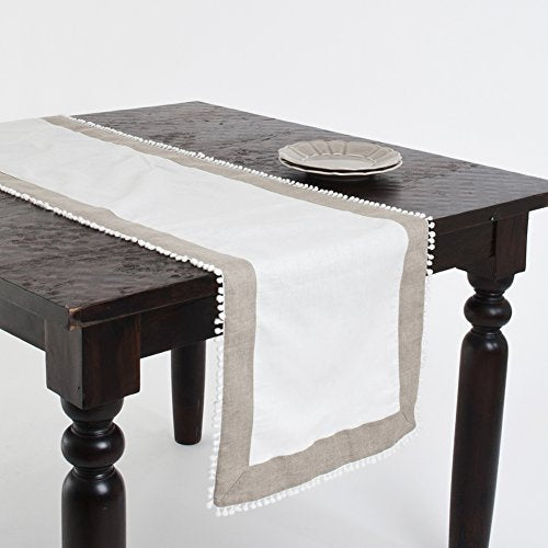 Fennco Styles Ivory and Tan Pompom Bordered Linen Blend Tablecloth