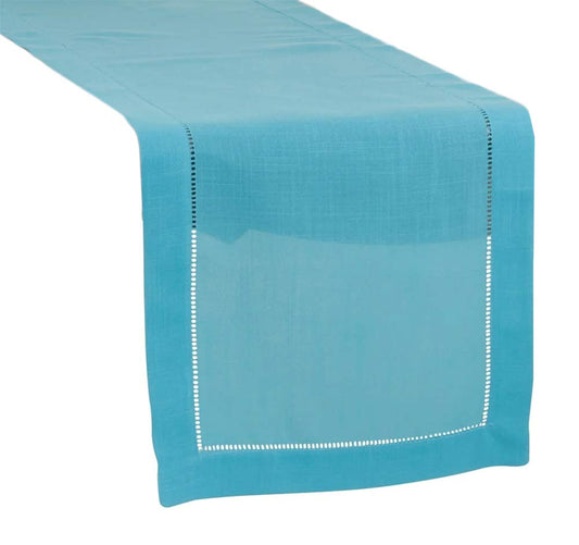 Fennco Styles Classic Hemstitch Design Rectangular Table Runner – 16" W x 90" L Turquoise Table Cover for Home Décor, Dining Table, Banquets, Holidays and Special Occasions