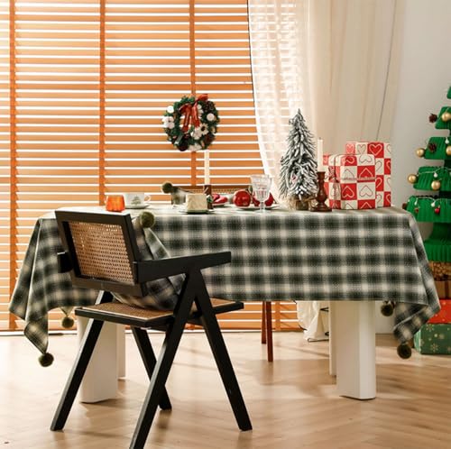 Fennco Styles Plaid Woven 100% Cotton Tablecloth with Pom Pom - Green Table Cover for Winter Holiday Décor, Banquet, Family Gathering and Special Occasion