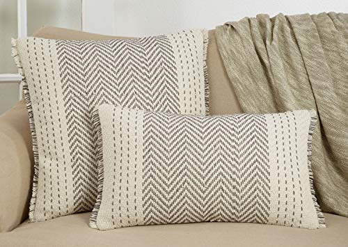 Fennco Styles Modern Kantha Stitch Design 100% Cotton Decorative Throw Pillow Cover 14 x 23 Inch - Grey Cushion for Couch, Living Room and Bedroom Décor