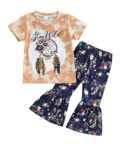 stylesilove Toddler Kid Girls Stay Wild Tie-Dye Short Sleeve Top & Floral Flare Pants 2pcs Multicolored Dream Catcher Outfit