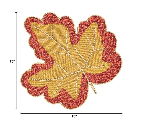 Fennco Styles Hand Beaded Maple Leave Placemat 15" Round, 1- Piece - Orange Holiday Table Mat for Home Décor, Family Gathering, Banquets, Thanksgiving and Special Occasion