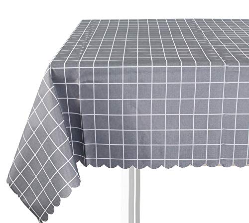 Fennco Styles Check Plaid Waterproof Scalloped 55 x 55 Inch Square Tablecloth - Wipeable Oilproof Wrinkle-Free Tablecloth for Home Everyday Use, Dinner Parties, Holiday Party