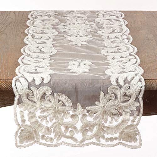 Fennco Styles Hand Beaded & Embroidered Elegant Table Runner - Ivory Table Cover for Home, Dining Room, Banquets, Wedding, Holiday and Special Events