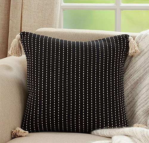 Fennco Styles Line-Stitch Tassel Cotton Decorative Throw Pillow 18" W x 18" L - Black Square Cushion for Home, Couch, Office, Bedroom and Living Room Décor