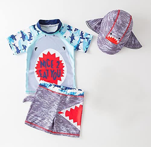 Styles I Love Kid Boys Shark Printed Short Sleeve Rash Guard Set and Sun Hat 3pcs Multicolored Swimsuit Beach Bathing Suit