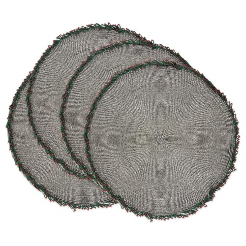 Fennco Styles Sparkly Beaded Wreath Border Holiday Placemat 15" Round, Set of 4 - Gold Glass Beads Table Mat for Home Décor, Family Gathering, Banquets, Christmas and Special Occasion