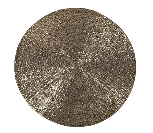Fennco Style Hand Beaded Maharani Stunning Hand Beaded Placemat 14" Round, 1-Piece - Silver Glass Beads Table Mat for Banquets, Christmas, Special Events and Home Décor