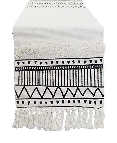 Fennco Styles Ivory Boho Tribal Textured Table Runner with Tassels - Woven Diamond Cotton Blend Table Cover for Boho Décor, Dining Table, Banquets, Family Gatherings