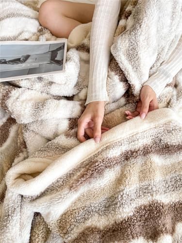 Fennco Styles Beige Stripe Fuzzy Faux Fur Fleece Throw Blanket 60" W x 80" L – Reversible Plush Fluffy Soft Blanket for Home, Couch, Bedroom, Living Room, Office, and Holiday Décor