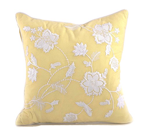 Fennco Styles Embroidered Floral Design Down Filled Throw Pillow 18" W X 18" L - Yellow Flower Accent Pillow for Home, Couch, Bedroom, and Office Decor