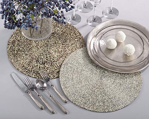 Fennco Styles Parle Noël Collection Contemporary Silver Glass Beads Placemats 14 x 14 Inch Round, Set of 2 – Hand Beaded Table Mat for Banquets, Family Gathering, Special Events and Home Décor