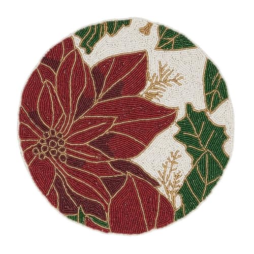 Fennco Styles Hand Beaded Poinsettia Christmas Placemat 14" Round, 1-Piece - Multicolored Festive Table Mat for Home Décor, Holidays, Family Gatherings, Banquets and Special Occasion