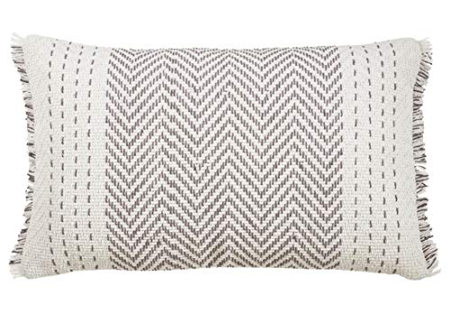 Fennco Styles Modern Kantha Stitch Design 100% Cotton Decorative Throw Pillow Cover 14 x 23 Inch - Grey Cushion for Couch, Living Room and Bedroom Décor