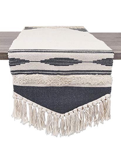 Fennco Styles Geometric Design Canvas Cotton Table Runner with Tassels – 14”W x 71”L Table Cover for Home Décor, Dining Table, Banquets, Holidays and Special Occasions