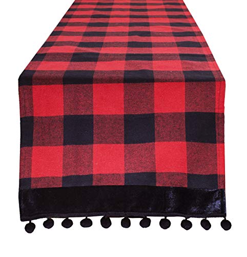 Fennco Styles Buffalo Plaid Red and Black Velvet Pom Pom Trim Design Cotton Table Runner