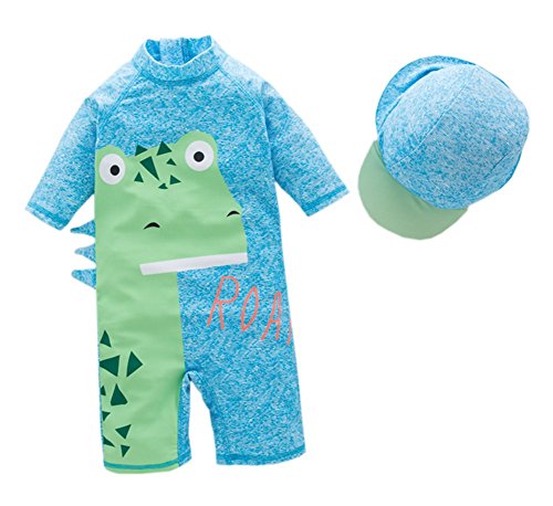 stylesilove Little Boys Cute Dinosaur One-Piece Rash Guard with Sun Hat 2 pcs Blue Swimsuit Beach Swimwear