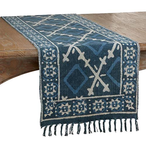 Fennco Styles Distressed Mud Cloth Tassel 100% Cotton Table Runner 16 x 72 Inch – Navy Blue Table Cover for Home Décor, Dining Table, Banquets, Holidays and Special Events