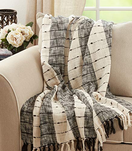 Fennco Styles Striped Tassel Cotton Throw Blanket 50" W x 60" L – Black & White Woven Blanket for Couch, Bedroom and Living Room Décor