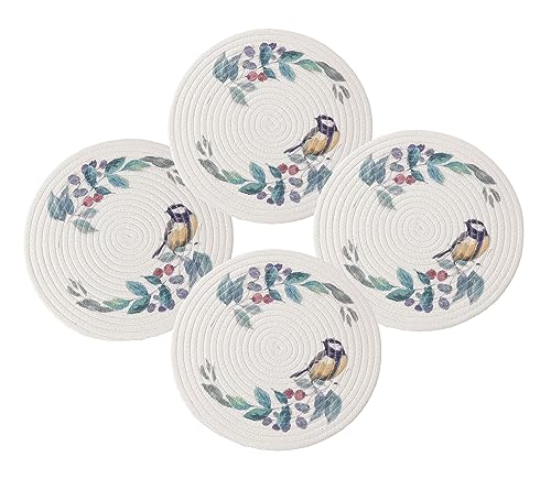 Fennco Styles Rabbit & Botanical Print Cotton Blend Woven Placemats 12" Round, Set of 4 - Cartoon Animal Design White Table Mats for Home Décor, Dining Table, Banquet, Holiday and Family Gathering