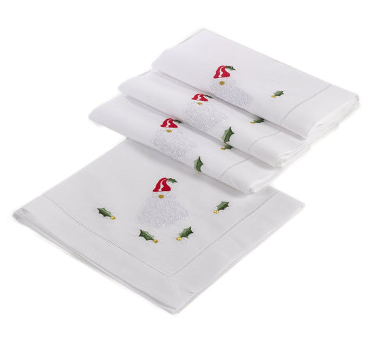 Fennco Styles White Embroidered Santa Claus Christmas Hemstitched Linen Cotton Napkins 20" W X 20" L - Set of 4