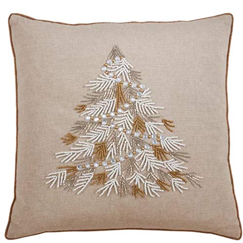 Fennco Styles Beaded Christmas Tree 100% Cotton Decorative Throw Pillow Cover 18 x 18 Inch - Beads Pillow Case for Holiday Décor, Couch, Living Room and Bedroom Décor