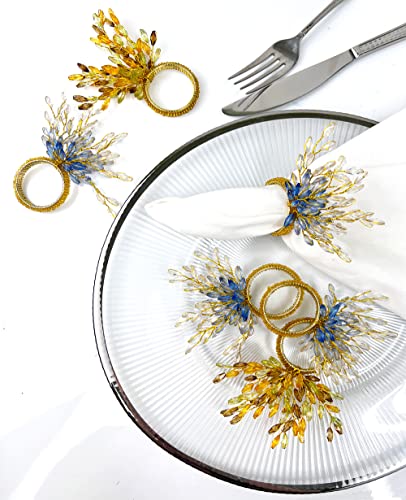 Fennco Styles Hand Beaded Yellow Flower Design Decorative Napkin Rings, Set of 4 - Multicolored Beads Napkin Holders for Home, Dining Table, Banquets, Christmas Décor and Special Occasion