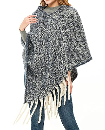 stylesilove Autumn Winter Women Solid Knitted V-Neck Pullover Fringe Poncho Sweater Lightweight Cape Cozy Wrap Tassel Shawl