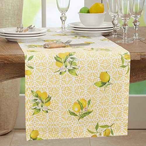 Fennco Styles Lemon Block Print Cotton Table Runner 16 x 72 Inch - Yellow Table Cover for Everyday Use, Dining Table Décor, Banquets, Family Gathering and Special Events
